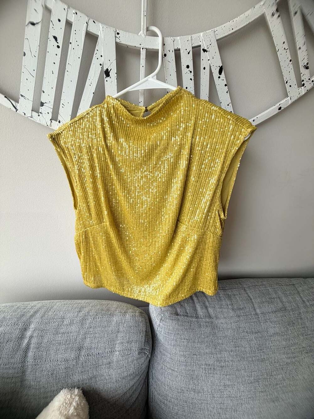 By Anthropologie Mock-Neck Chartreuse Sequin Shell Tank